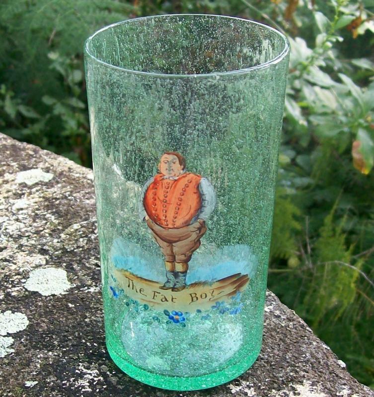 Czech Blown Seed Bubble Glass Tumbler Dickens Character Fat Boy Green 4 7/8