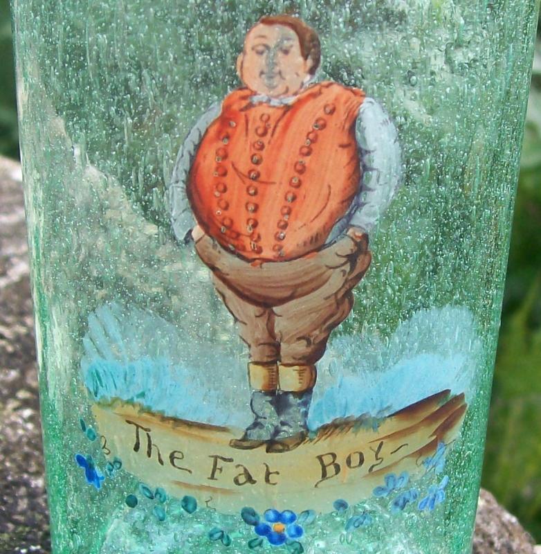 Czech Blown Seed Bubble Glass Tumbler Dickens Character Fat Boy Green 4 7/8