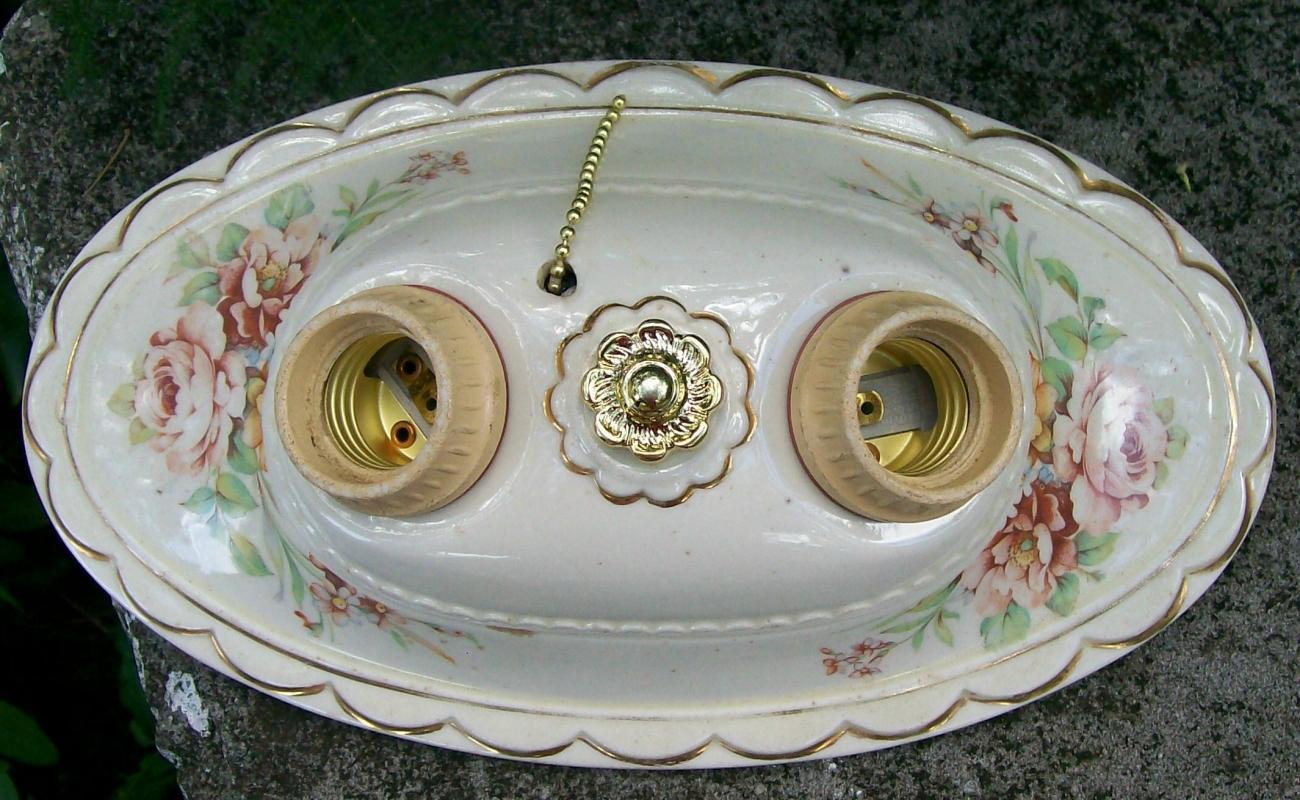 Ceramic Ceiling Light Fixture1930s Rose Decals 2 Socket Rewired 11