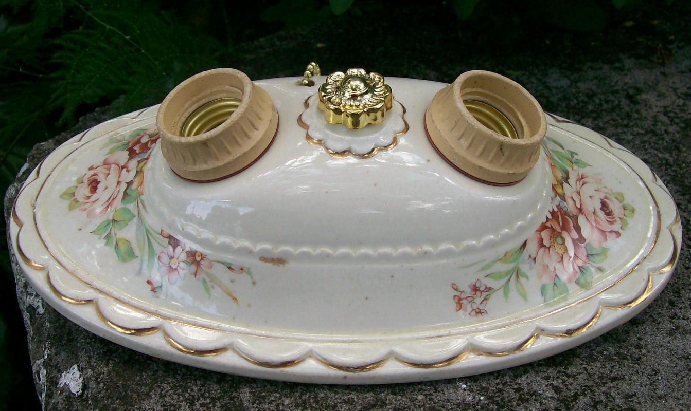 Ceramic Ceiling Light Fixture1930s Rose Decals 2 Socket Rewired 11