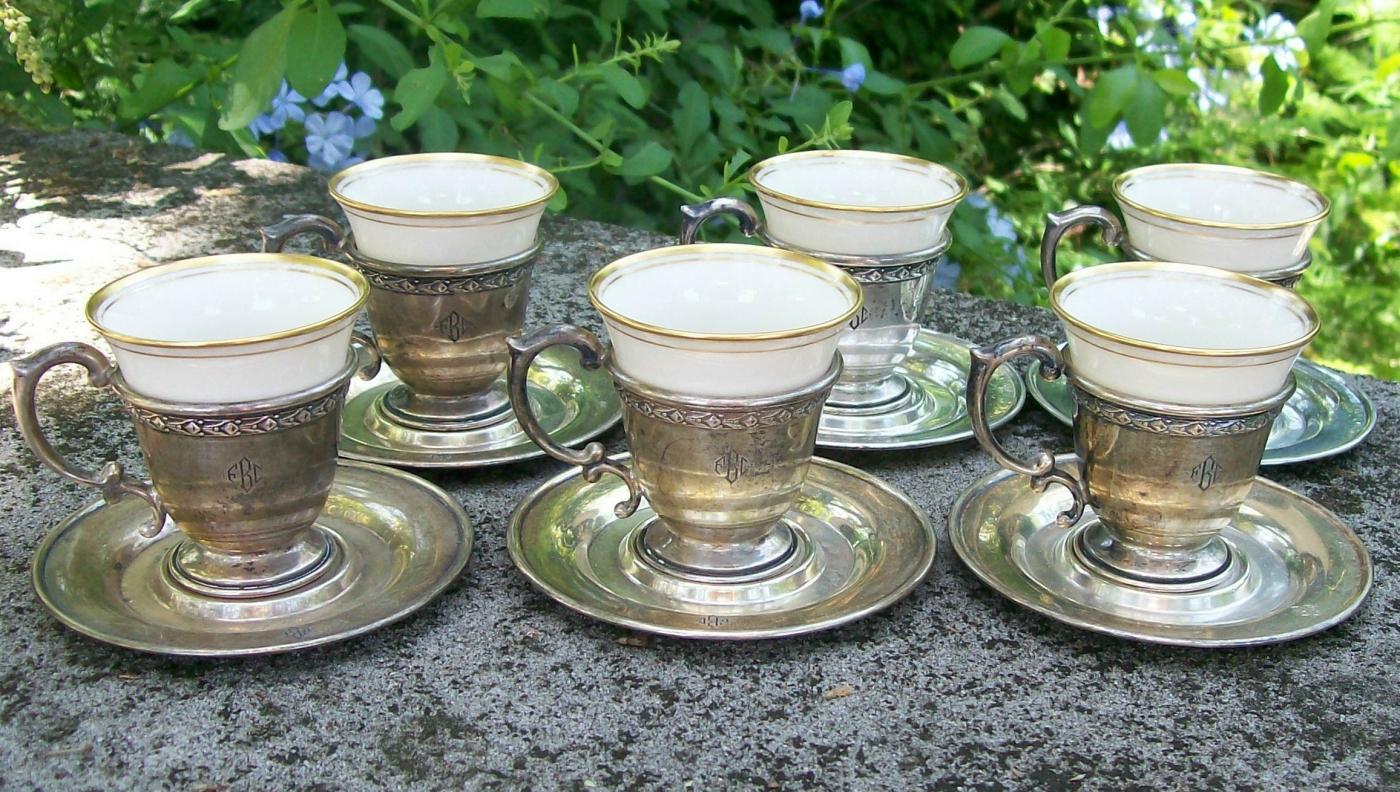 Dominick & Haff Sterling Silver Demitasse Cup & Saucer Set of 6 #792 Lenox China Liners