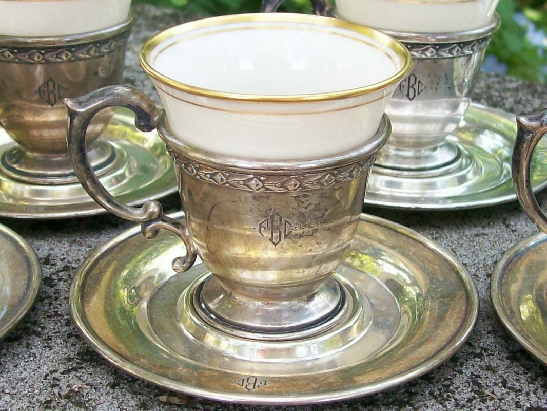 Dominick & Haff Sterling Silver Demitasse Cup & Saucer Set of 6 #792 Lenox China Liners