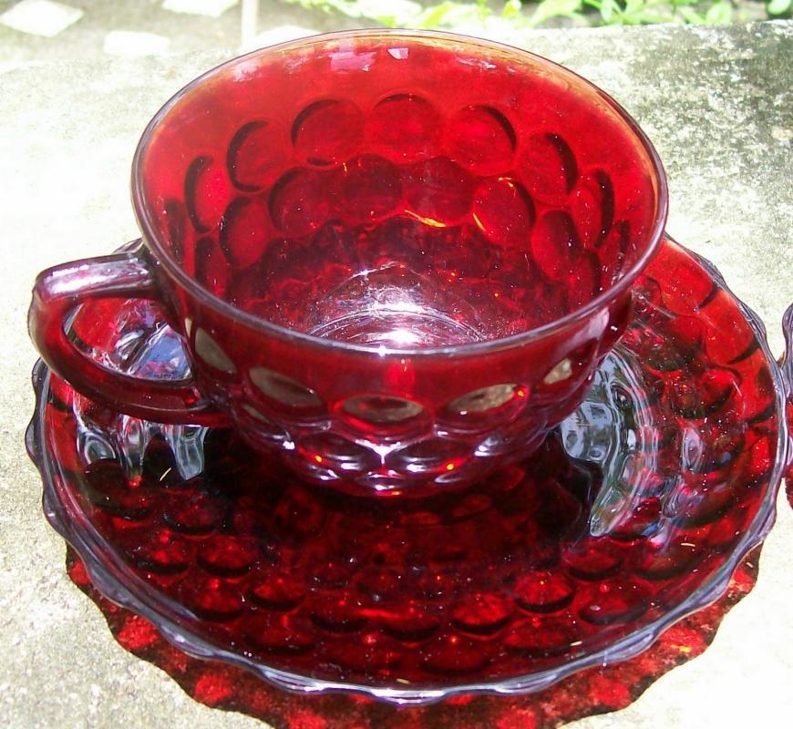 A. Hocking Glass Ruby Red Bubble Cup & Saucer 1940's-60's