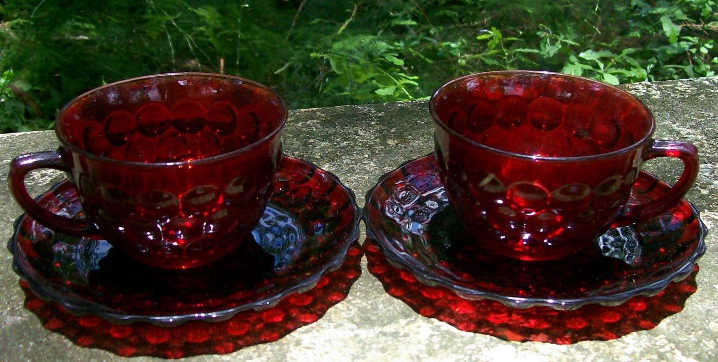 A. Hocking Glass Ruby Red Bubble Cup & Saucer 1940's-60's