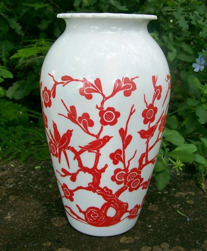 A. Hocking Glass Vitrock Vase Red Birds & Blossoms