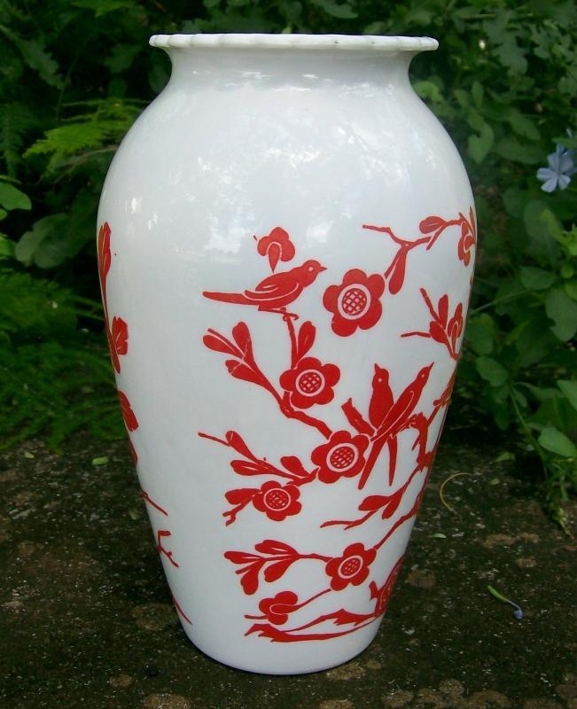 A. Hocking Glass Vitrock Vase Red Birds & Blossoms