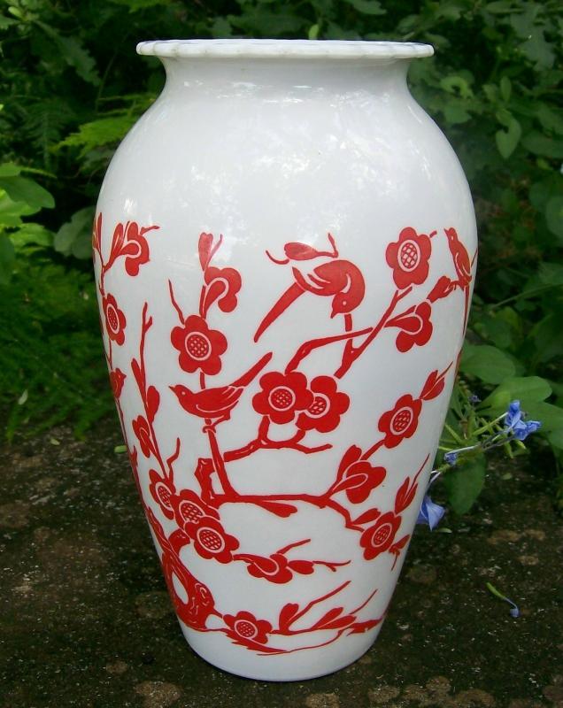 A. Hocking Glass Vitrock Vase Red Birds & Blossoms