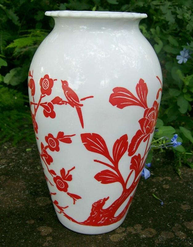 A. Hocking Glass Vitrock Vase Red Birds & Blossoms