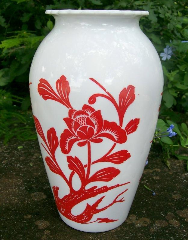 A. Hocking Glass Vitrock Vase Red Birds & Blossoms