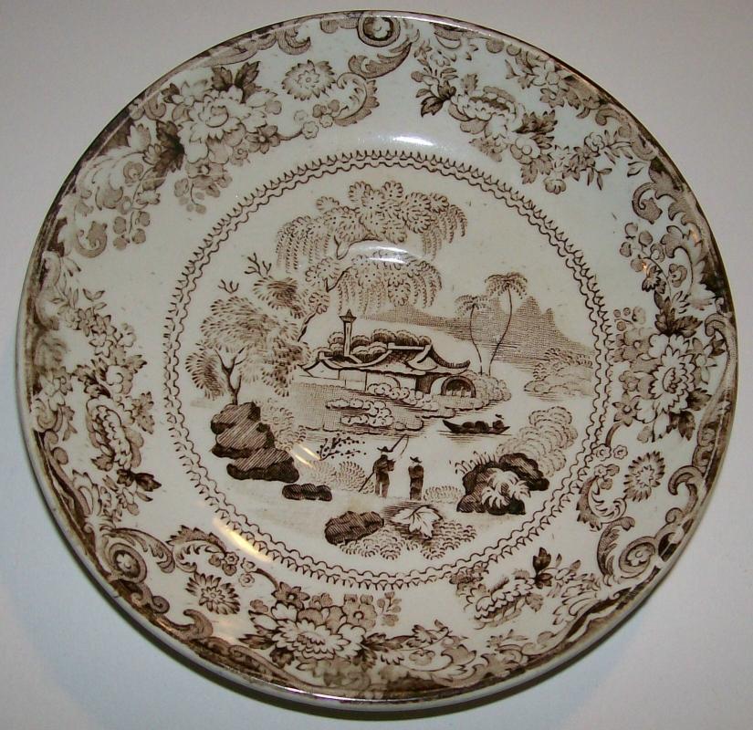 Brown Transfer Ceramic Saucer Oriental Fisherman 1870's-80's English