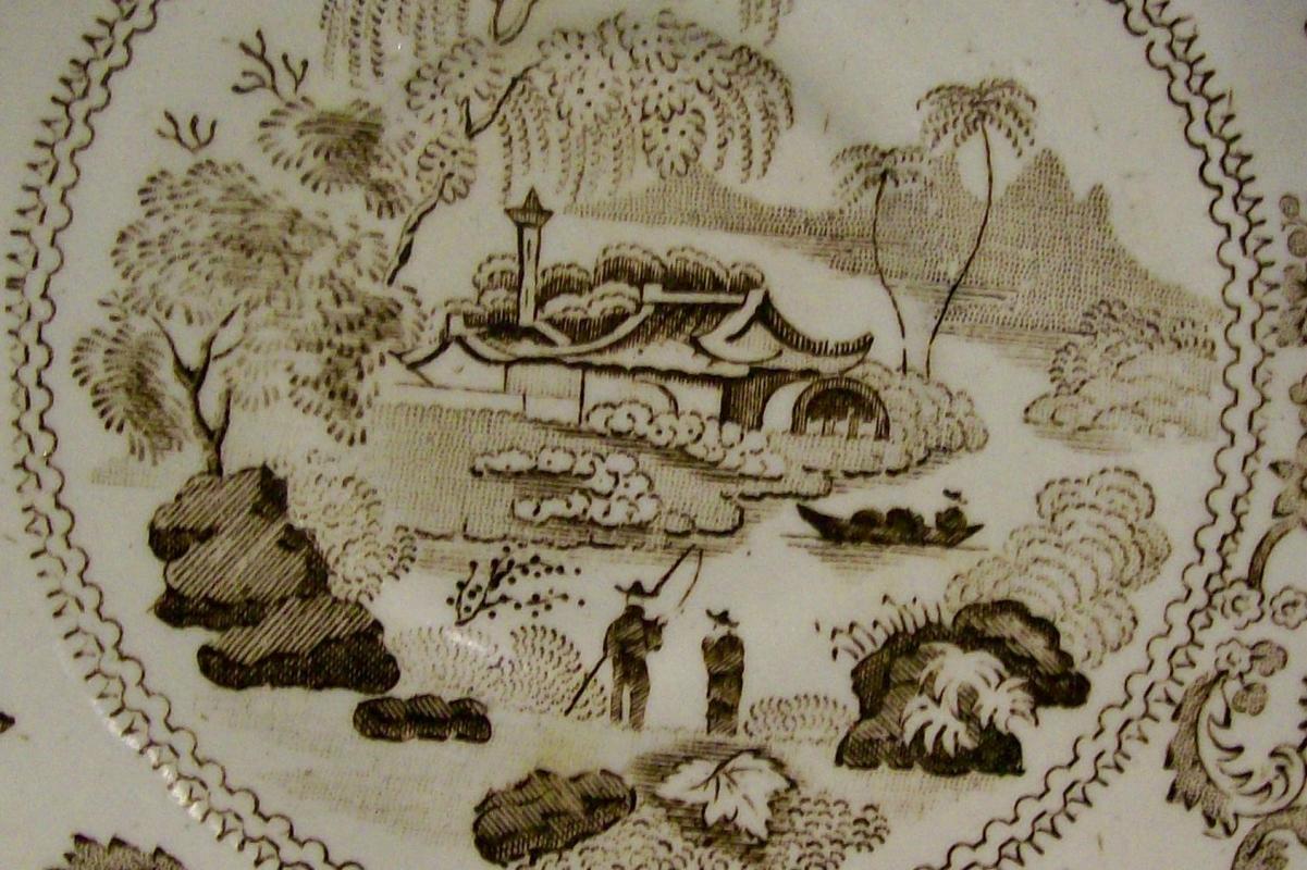 Brown Transfer Ceramic Saucer Oriental Fisherman 1870's-80's English