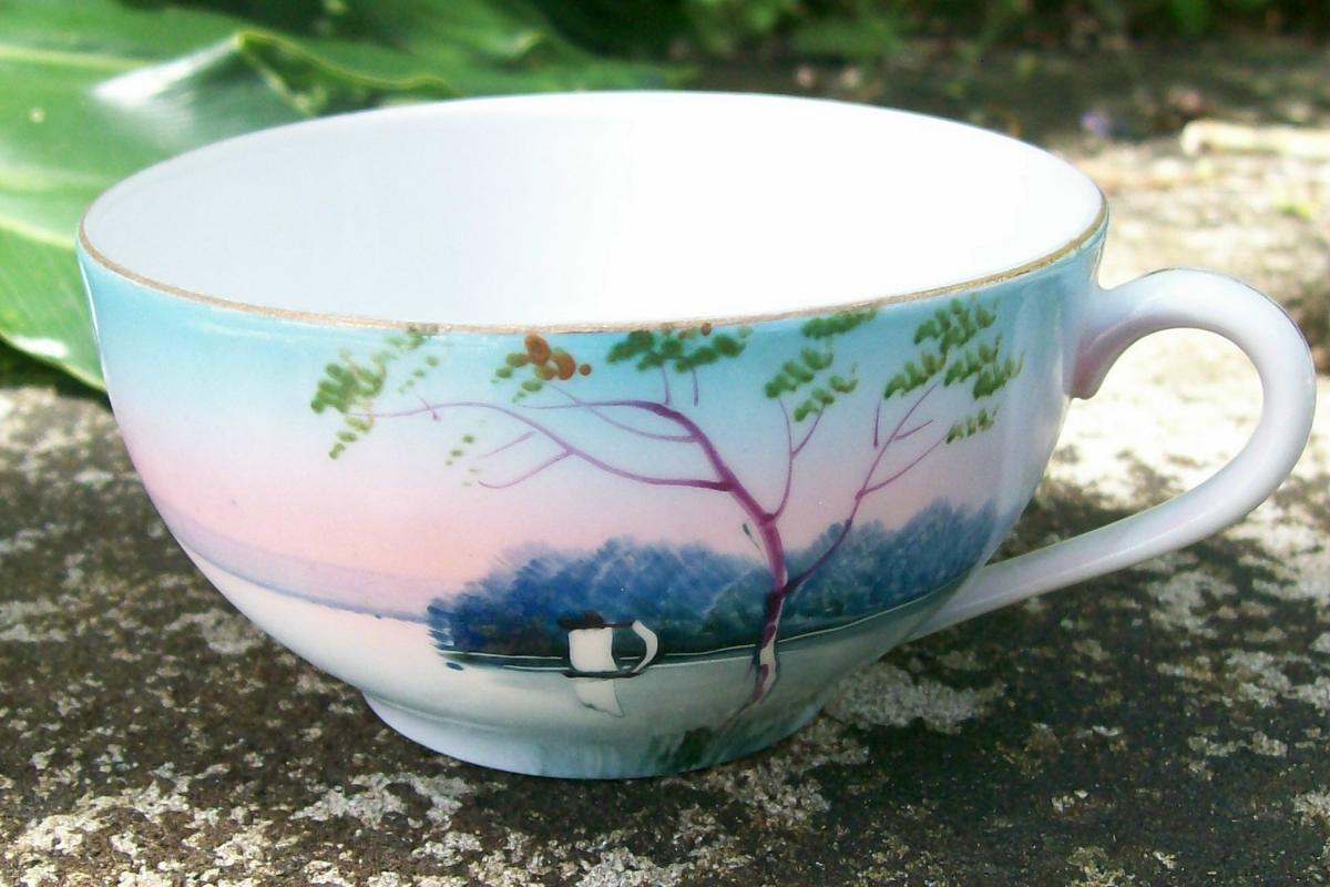 Noritake Landscape-pattern Ceramic Tea Cup Blue & Pink Scenic Ca. 1930