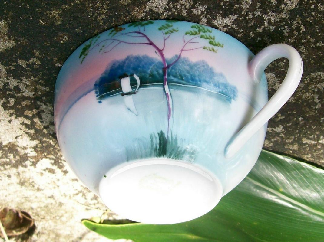 Noritake Landscape-pattern Ceramic Tea Cup Blue & Pink Scenic Ca. 1930