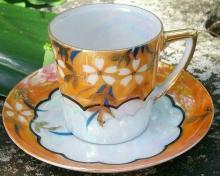 Japanese Lusterware Ceramic Demitasse Cup & Saucer Orange Floral