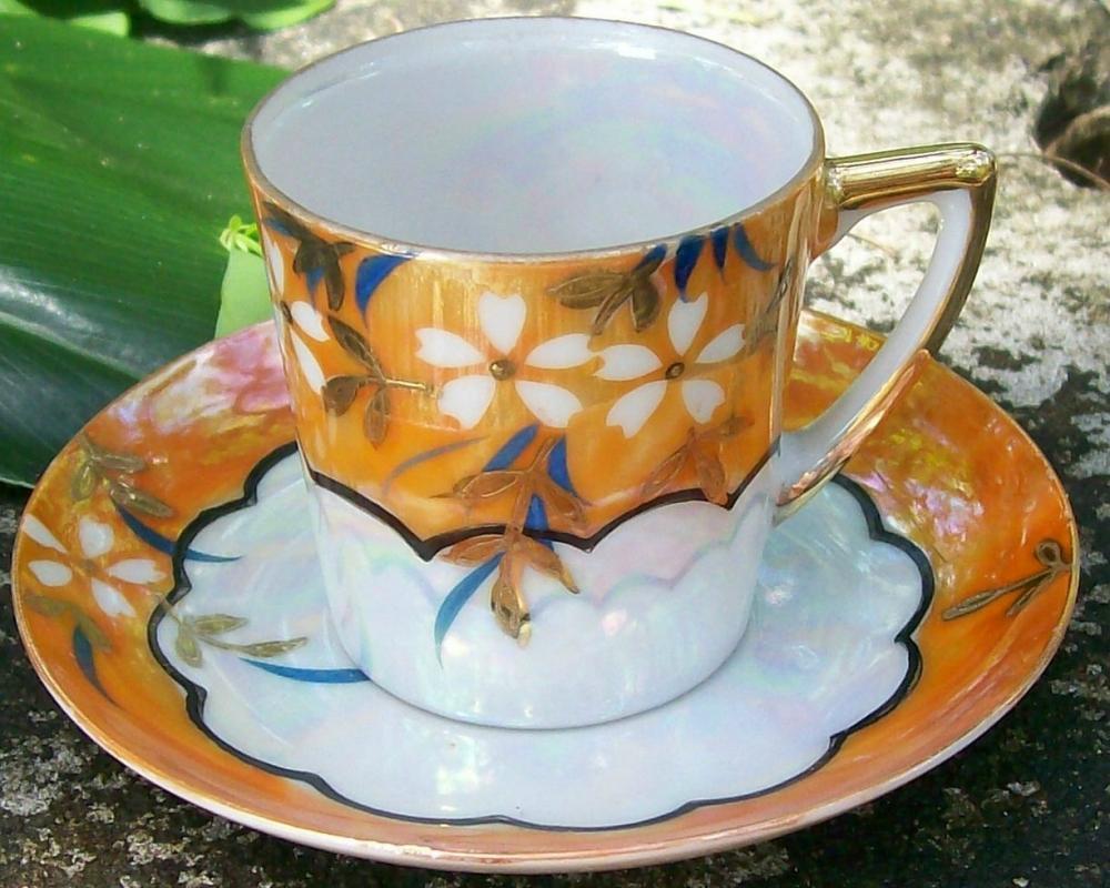 Japanese Lusterware Ceramic Demitasse Cup & Saucer Orange Floral
