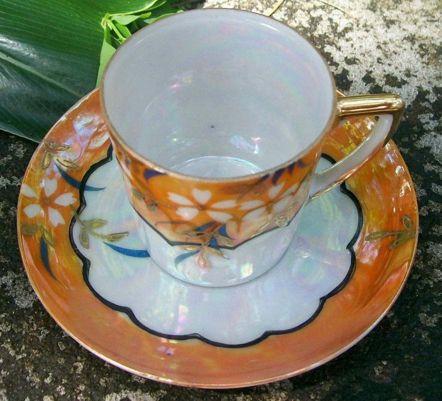 Japanese Lusterware Ceramic Demitasse Cup & Saucer Orange Floral