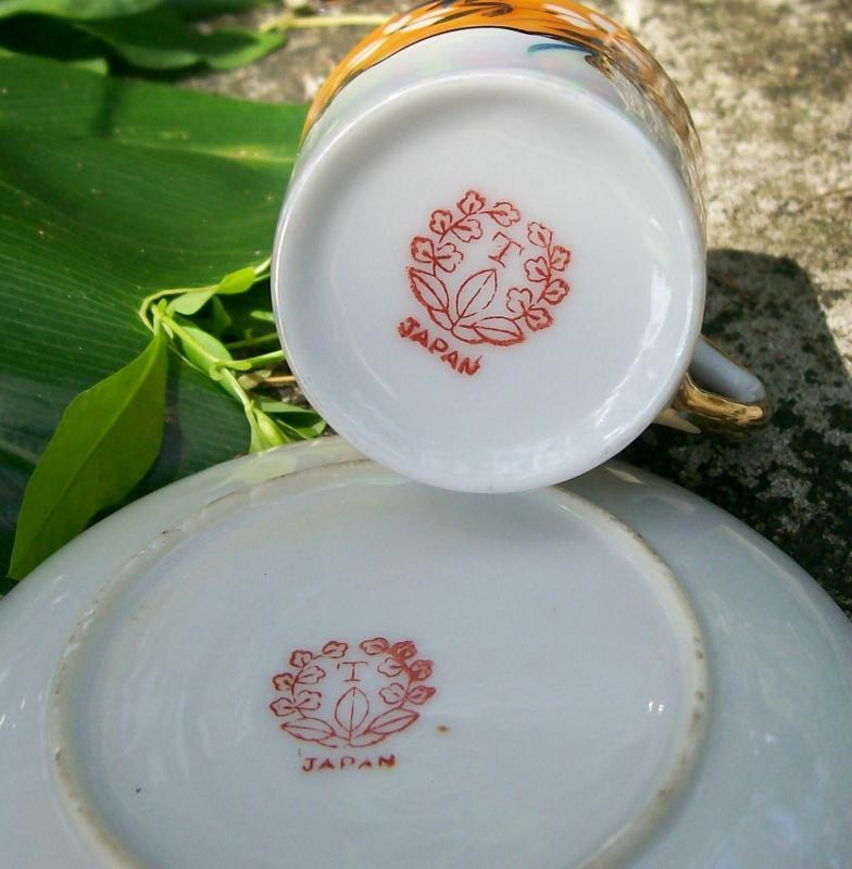 Japanese Lusterware Ceramic Demitasse Cup & Saucer Orange Floral