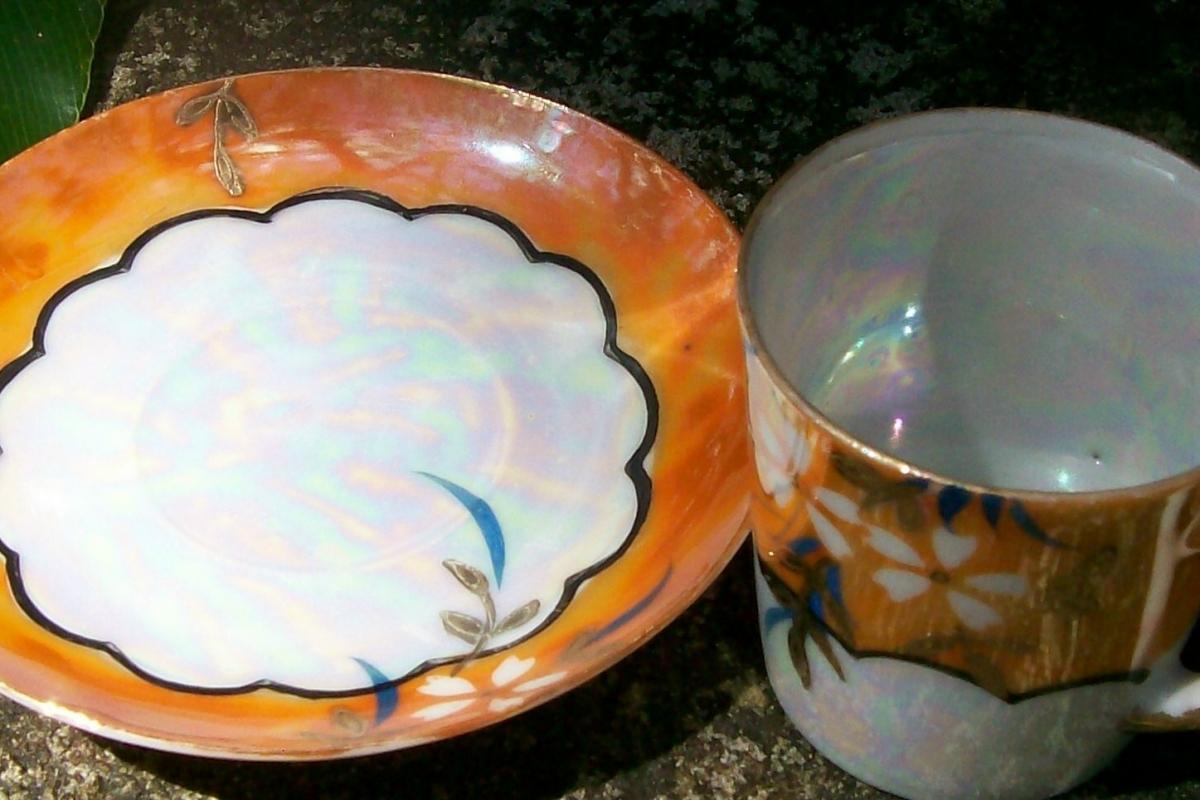 Japanese Lusterware Ceramic Demitasse Cup & Saucer Orange Floral