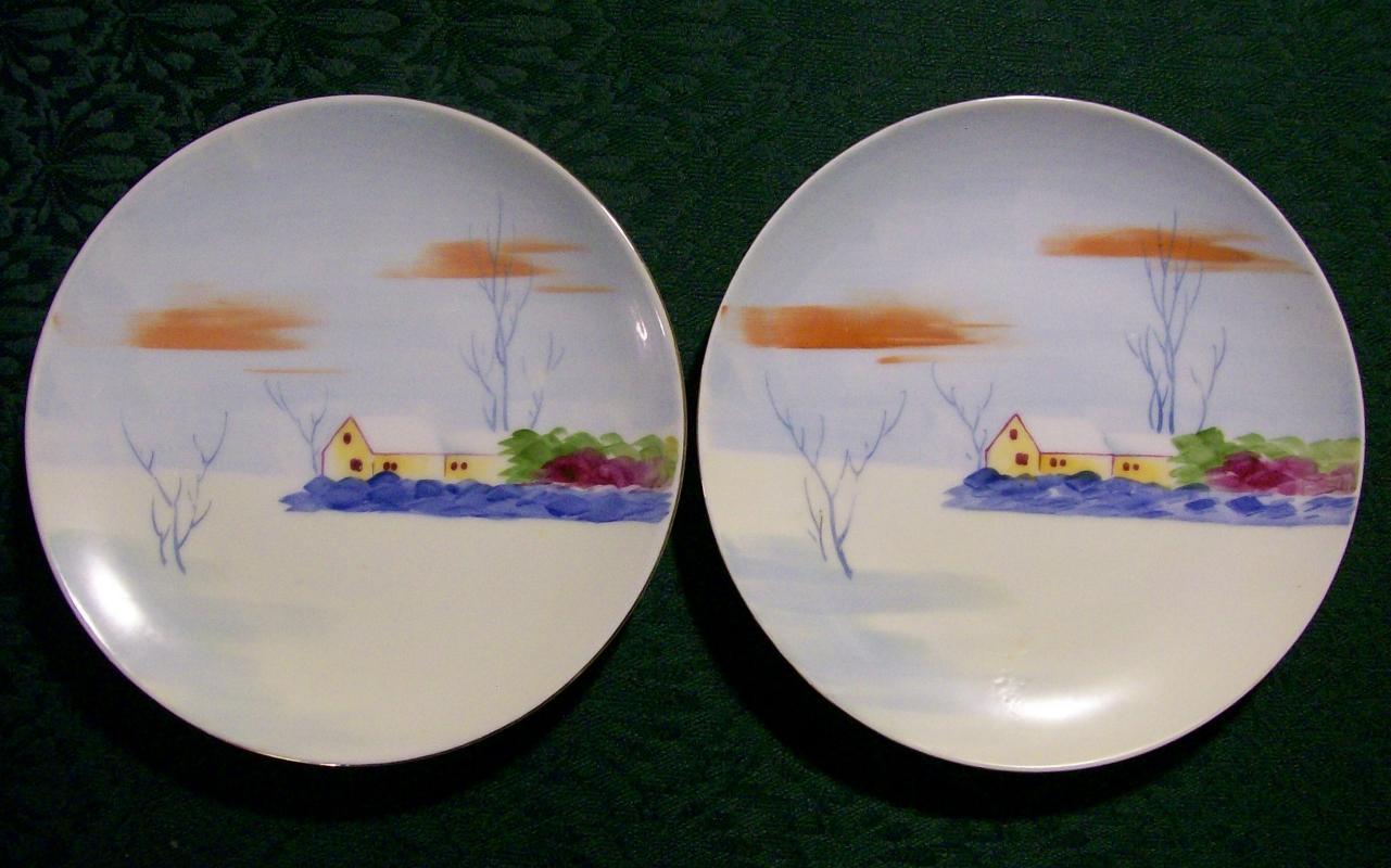 Nagoya Seito Sho Nippon Plate Pair Hand-Painted Snow Scene 6.5