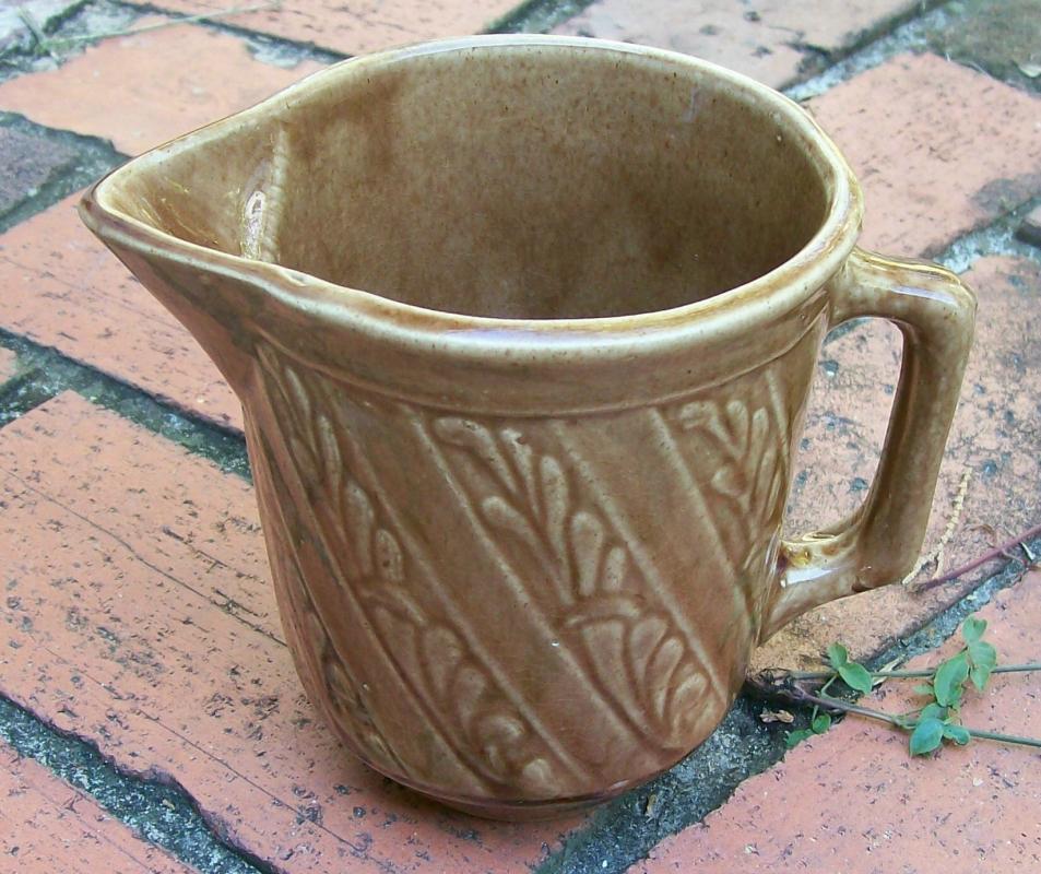 Monmouth/Western Stoneware Ceramic Pitcher Brown Glaze Spiral Leaf Band 5.25