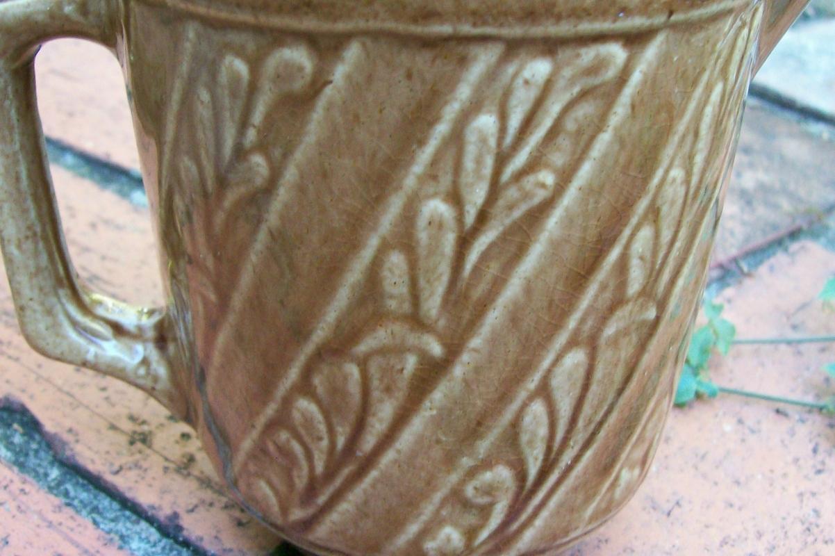 Monmouth/Western Stoneware Ceramic Pitcher Brown Glaze Spiral Leaf Band 5.25