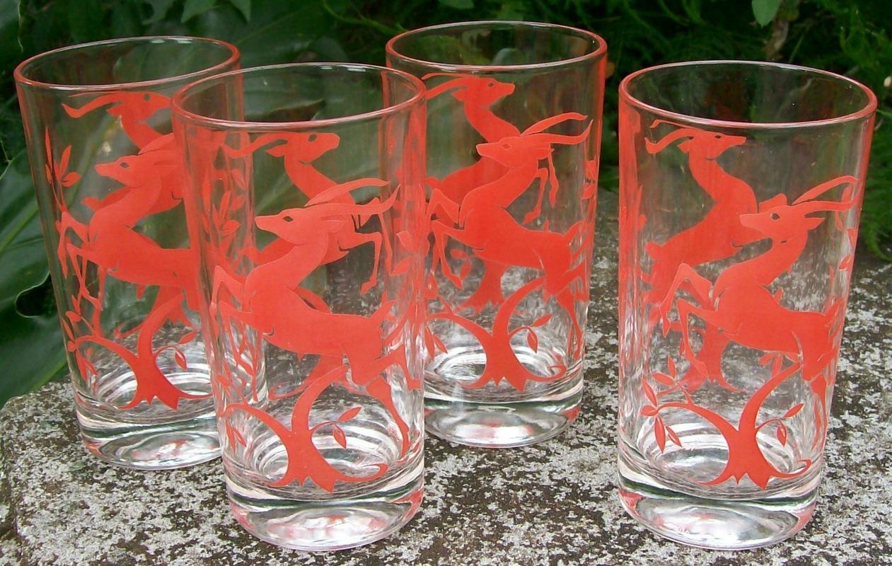 Federal Glass Gazelle Tumblers Set of 4 1950's Red on Clear