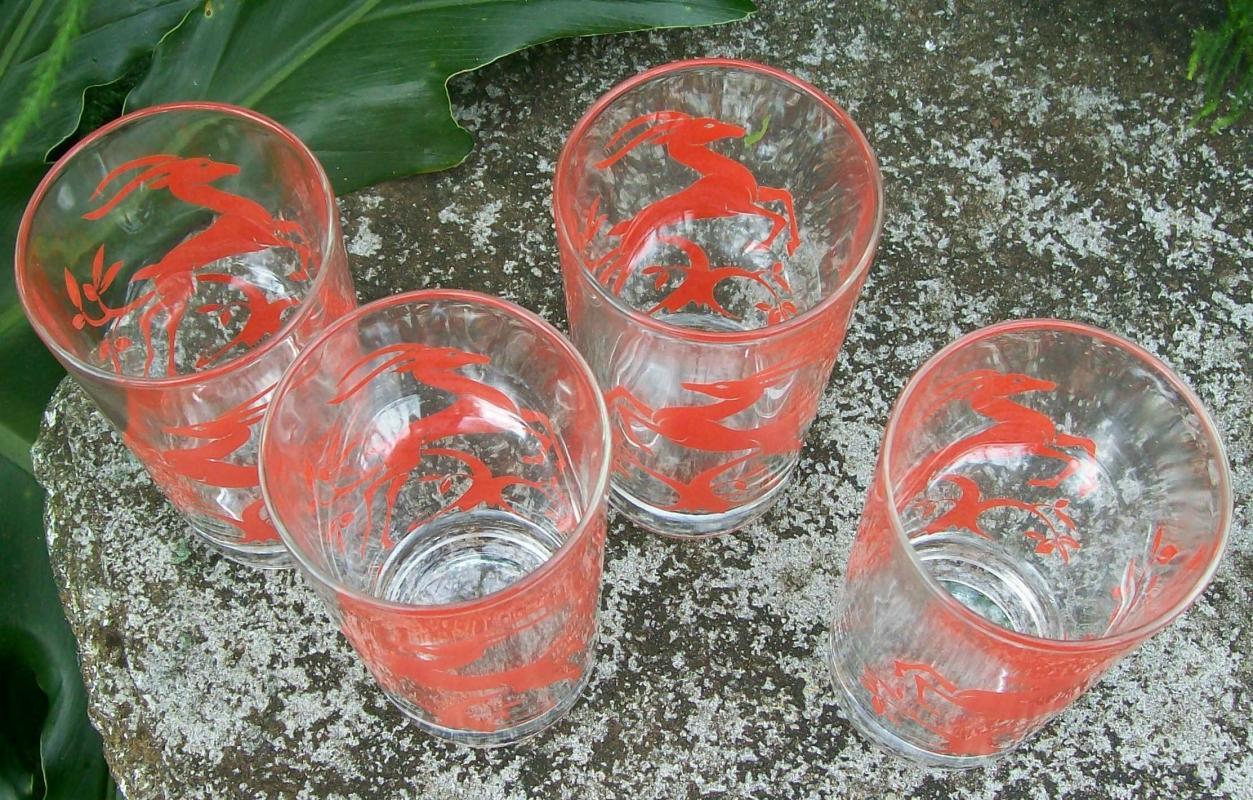 Federal Glass Gazelle Tumblers Set of 4 1950's Red on Clear