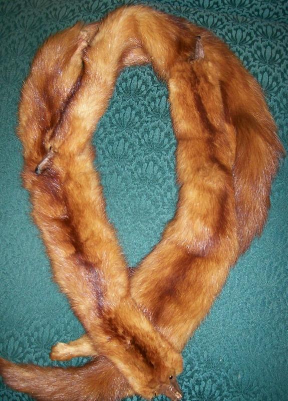 Triple Mink Fur Wrap: Heads & Tails: 1940's-50's Red-Brown