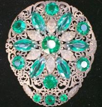 Dress Clip: Brass Filigree with Green Stones