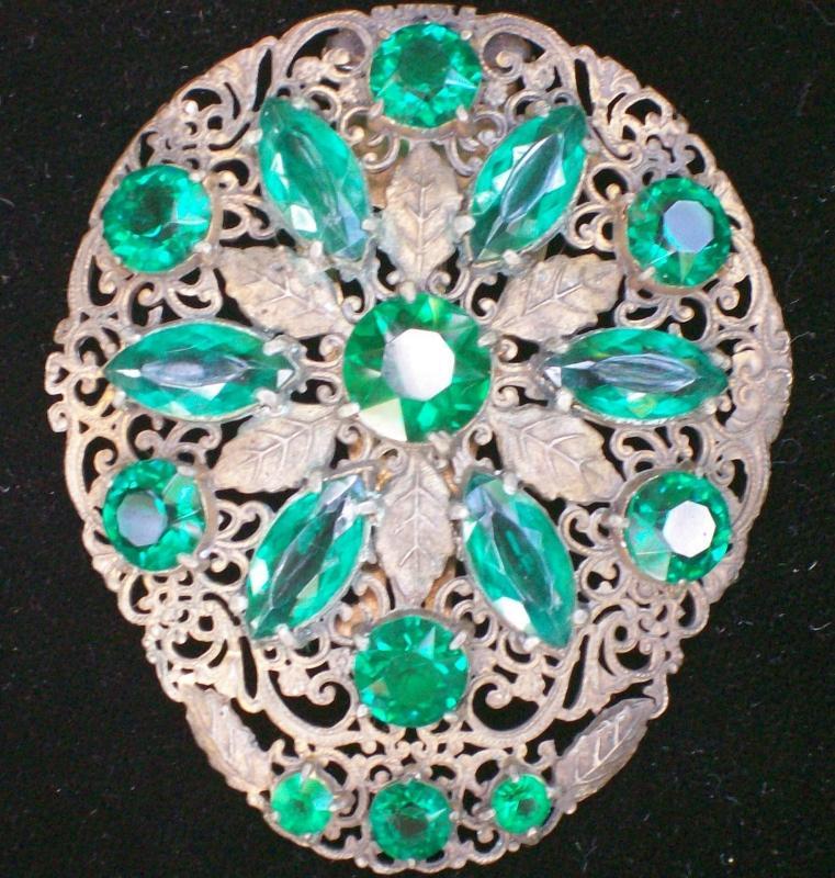 Dress Clip: Brass Filigree with Green Stones