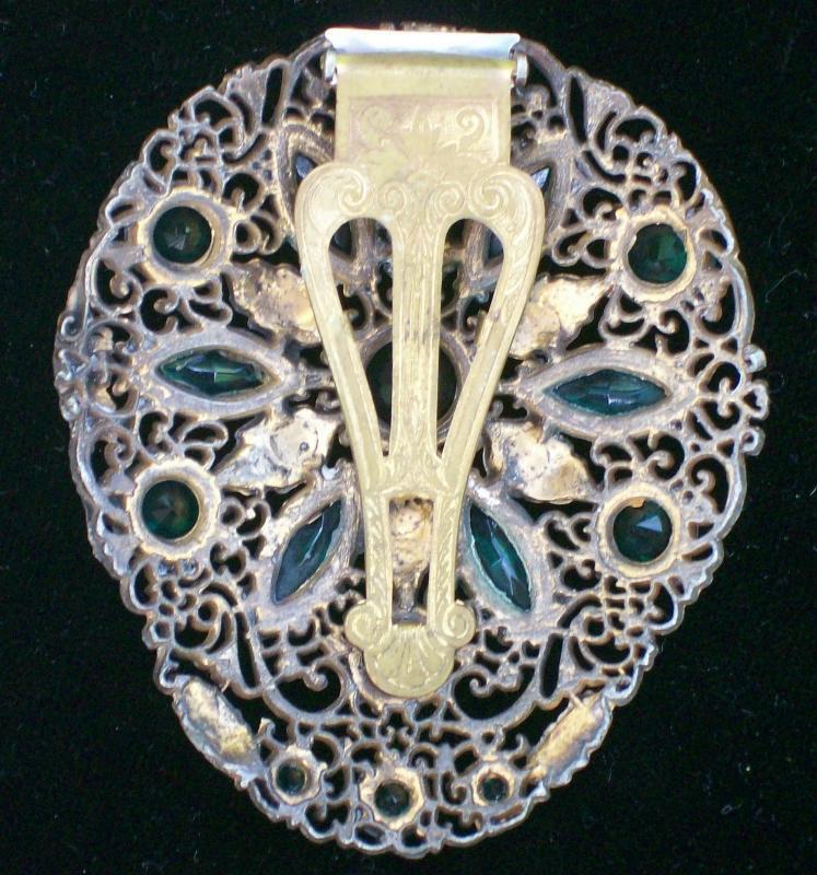 Dress Clip: Brass Filigree with Green Stones