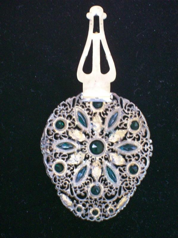 Dress Clip: Brass Filigree with Green Stones