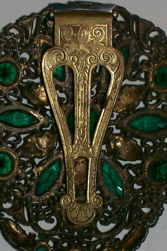Dress Clip: Brass Filigree with Green Stones
