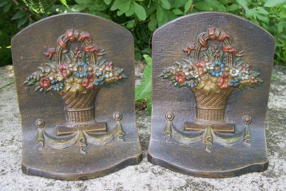 Bradley & Hubbard Cast Iron Bookends: Flower Basket