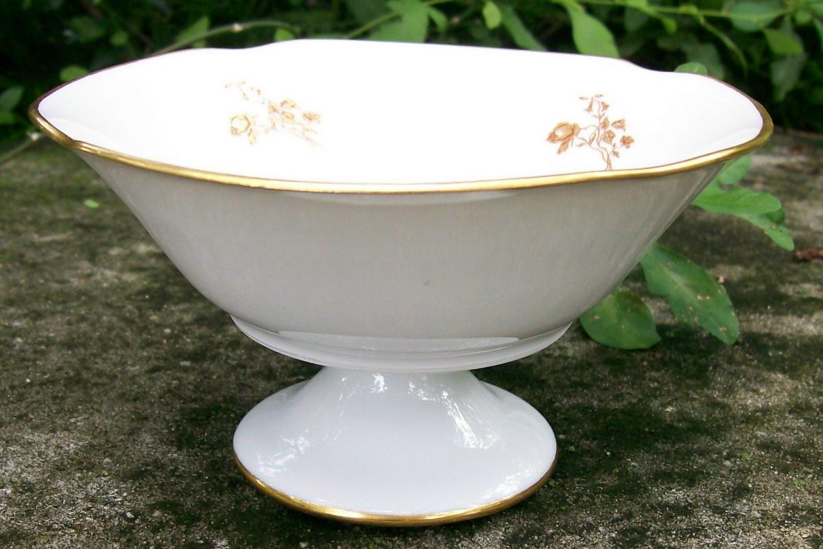 Limoges France Porcelain Pedestal Bowl Gold Floral 3.25