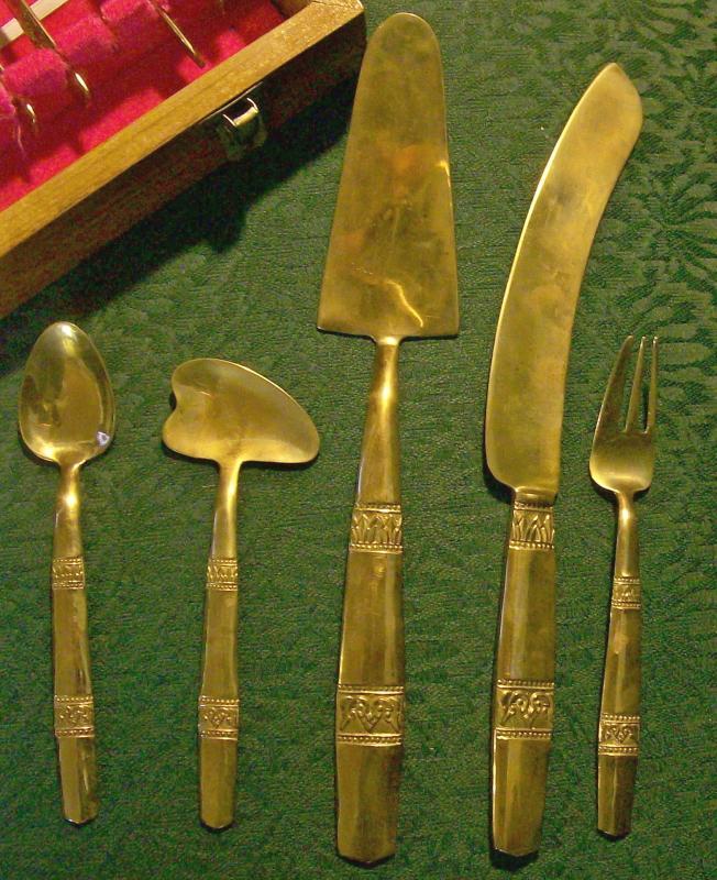 Bangkok Thailand Brass Dessert Flatware with Wooden Box 18 Pc. Set