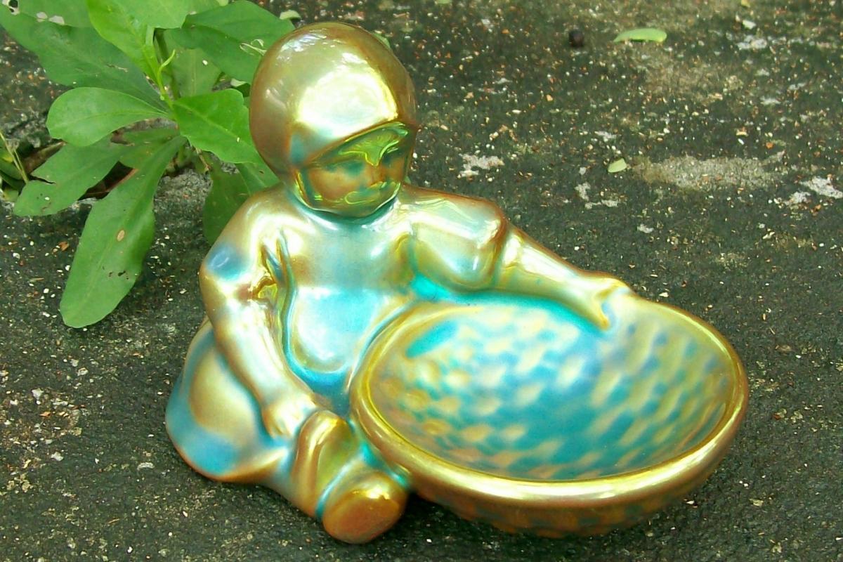 Zsolnay Pottery Eosin Girl with Basket Figurine 1968+ Sinko Pecs Hungary