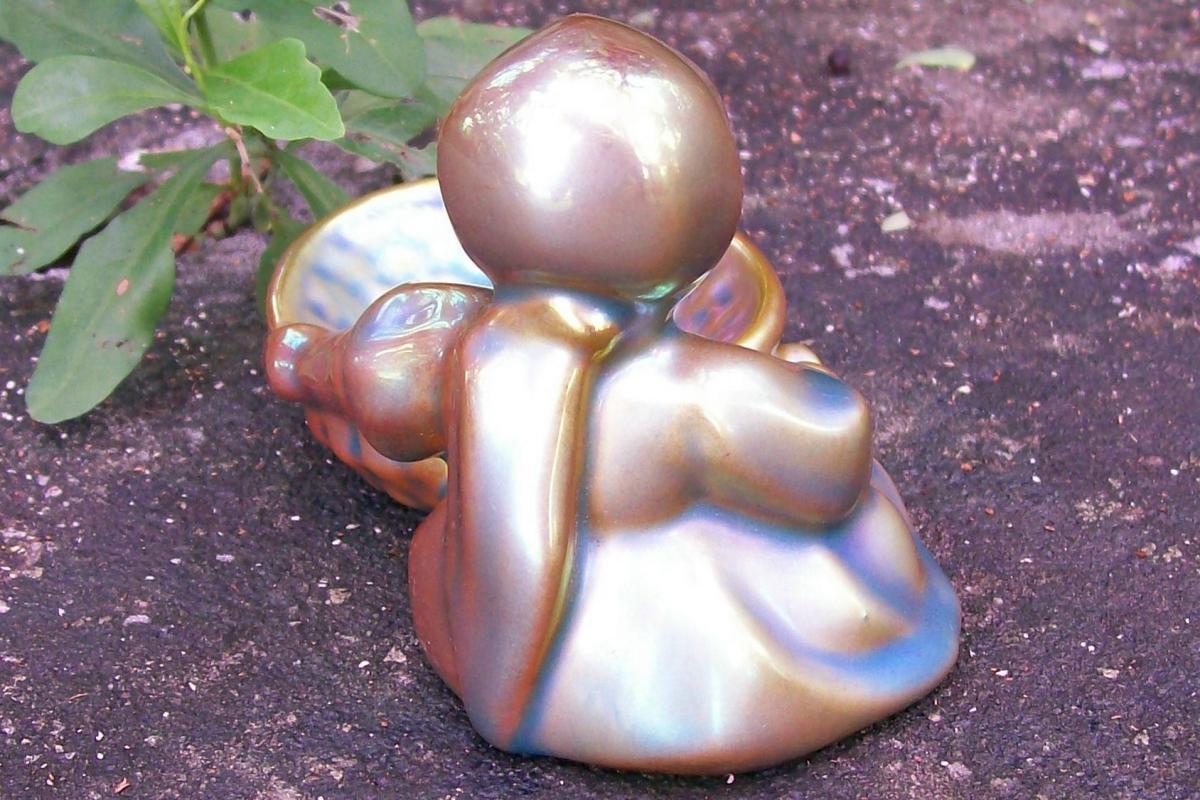 Zsolnay Pottery Eosin Girl with Basket Figurine 1968+ Sinko Pecs Hungary