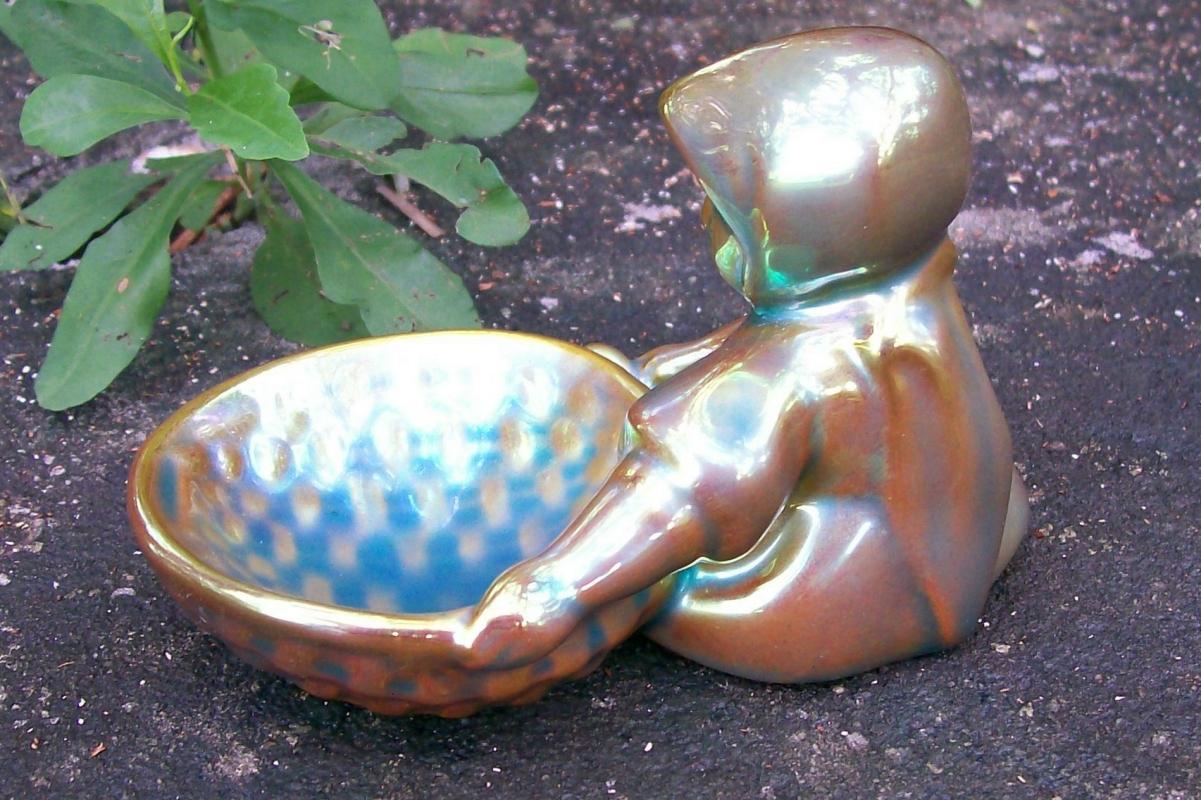Zsolnay Pottery Eosin Girl with Basket Figurine 1968+ Sinko Pecs Hungary