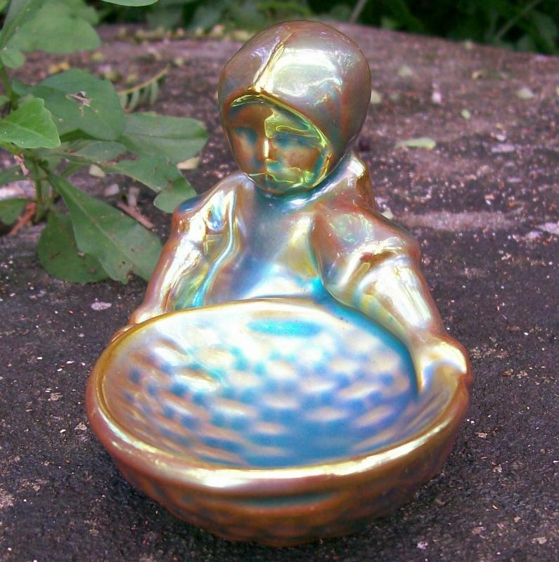 Zsolnay Pottery Eosin Girl with Basket Figurine 1968+ Sinko Pecs Hungary