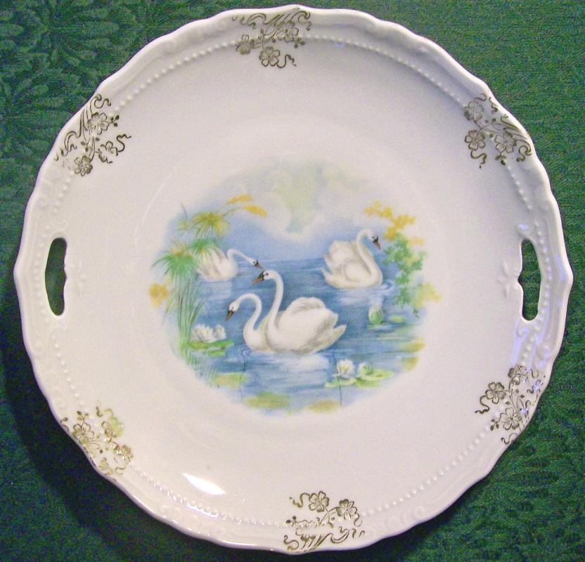 Swan Decal Porcelain Cake Plate Early 1900's 9.25