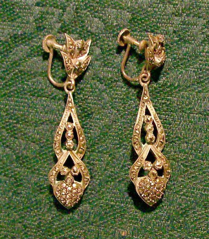 Sterling Silver & Marcasite Drop Earrings: 1920's- 30's Screw-Back 2