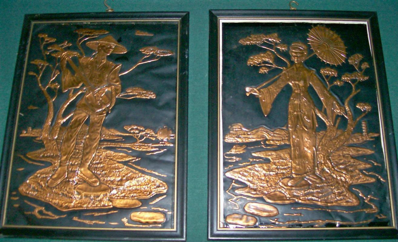 Brenholtz Stamped Copper Prints Asian Man / Woman Pair Ca. 1950's Framed