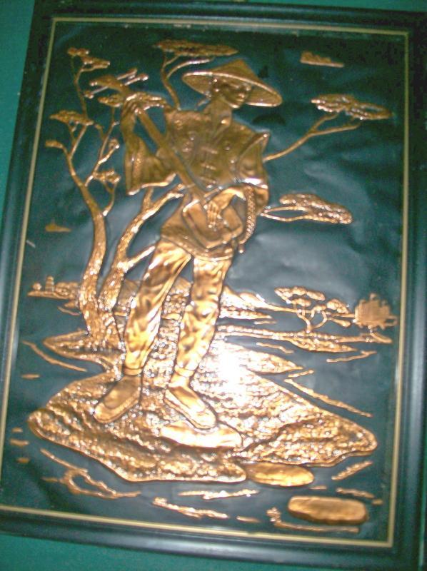 Brenholtz Stamped Copper Prints Asian Man / Woman Pair Ca. 1950's Framed