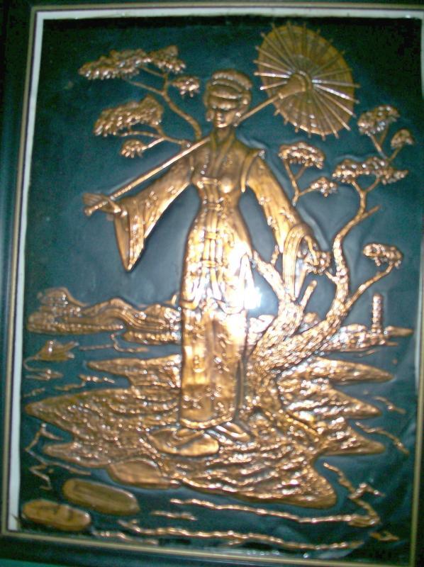 Brenholtz Stamped Copper Prints Asian Man / Woman Pair Ca. 1950's Framed