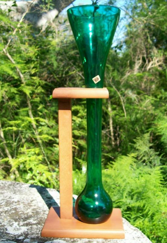 Half-Yard Ale/Beer Glass with Wooden Holder: Green Blown Italy
