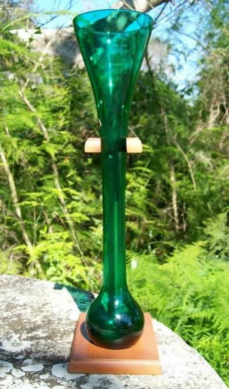 Half-Yard Ale/Beer Glass with Wooden Holder: Green Blown Italy