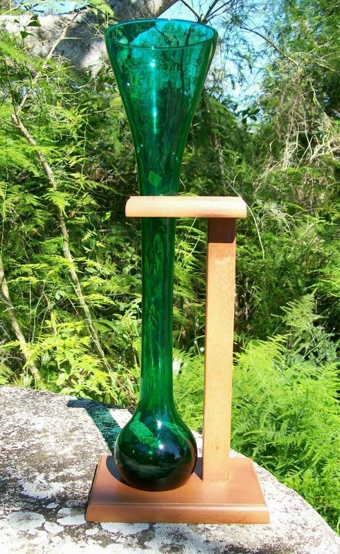 Half-Yard Ale/Beer Glass with Wooden Holder: Green Blown Italy
