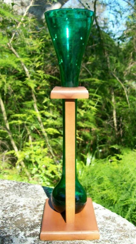 Half-Yard Ale/Beer Glass with Wooden Holder: Green Blown Italy
