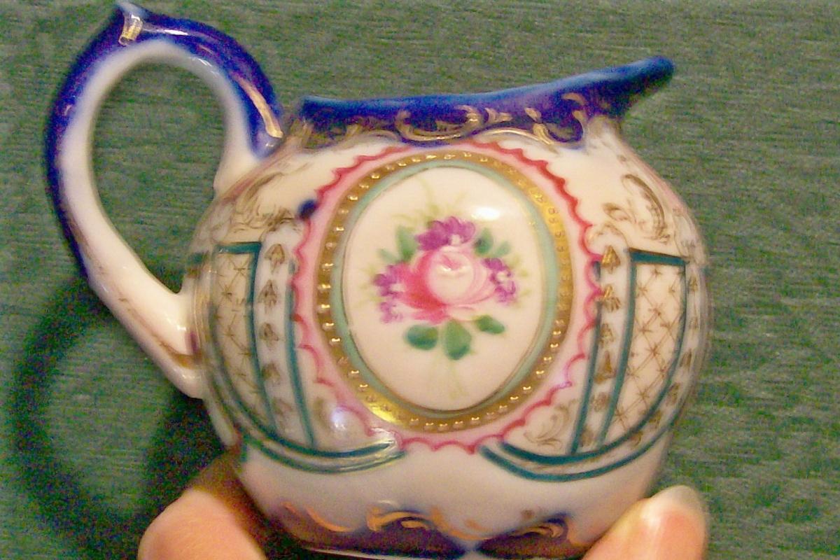 Nippon/Japan Porcelain Creamer Hand-Painted Rose Cameo/Cobalt/Gold